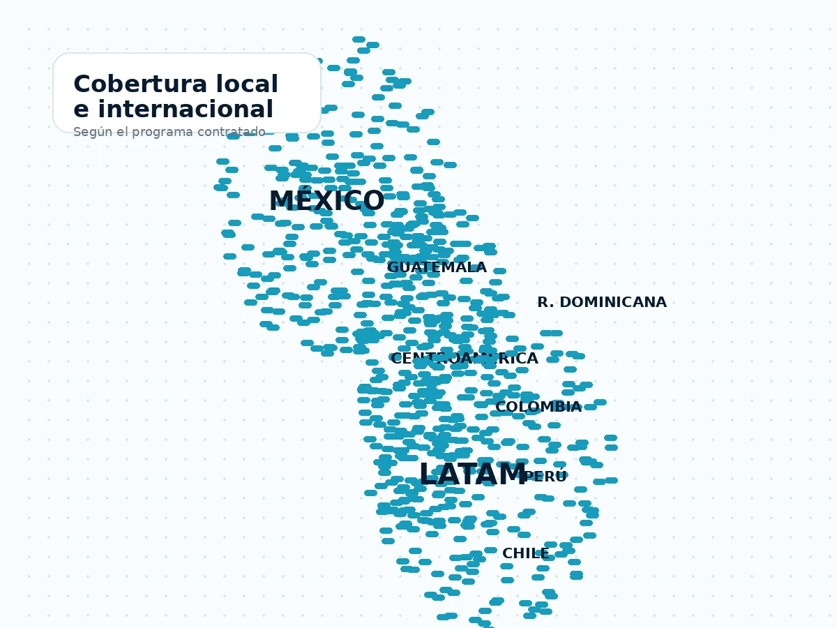Mapa visual de cobertura local e internacional de Cabere